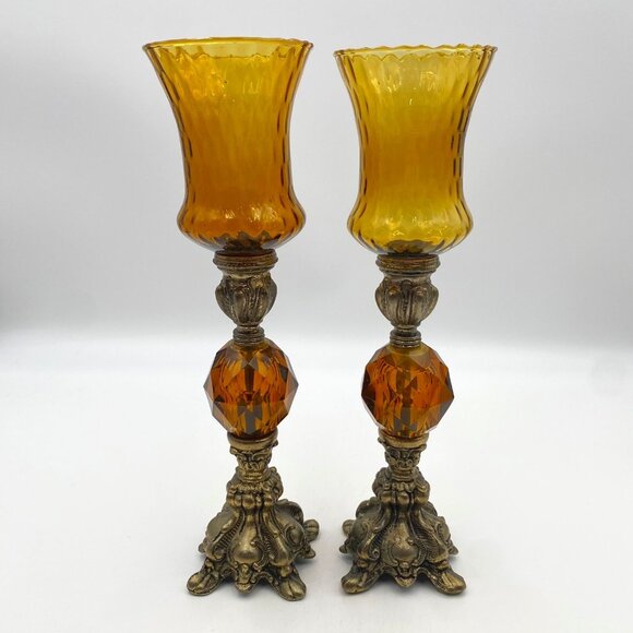 Vintage Brass & Amber Lucite Candlestick Glass Votive Candle Holder 12" Set of 2